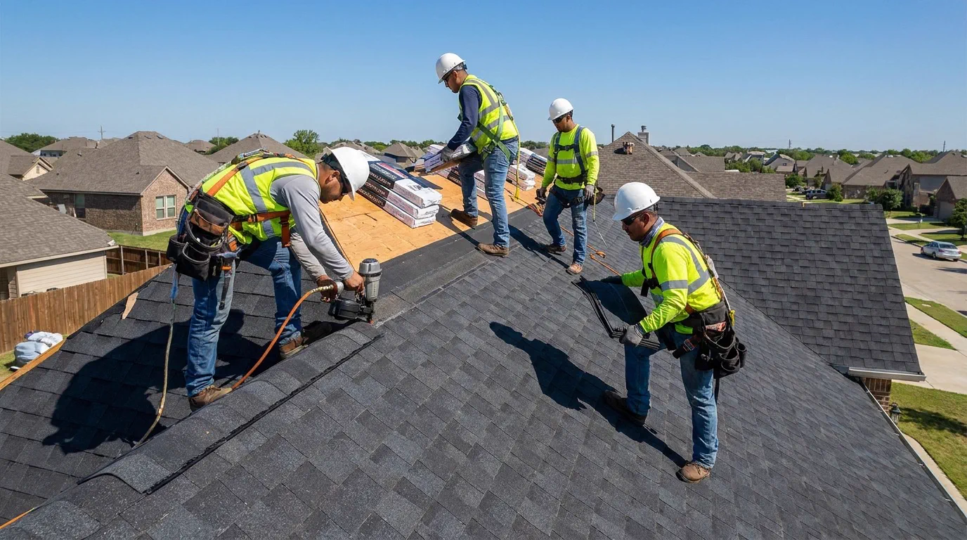 A professional roofing crew installing new shingles on a residential roof