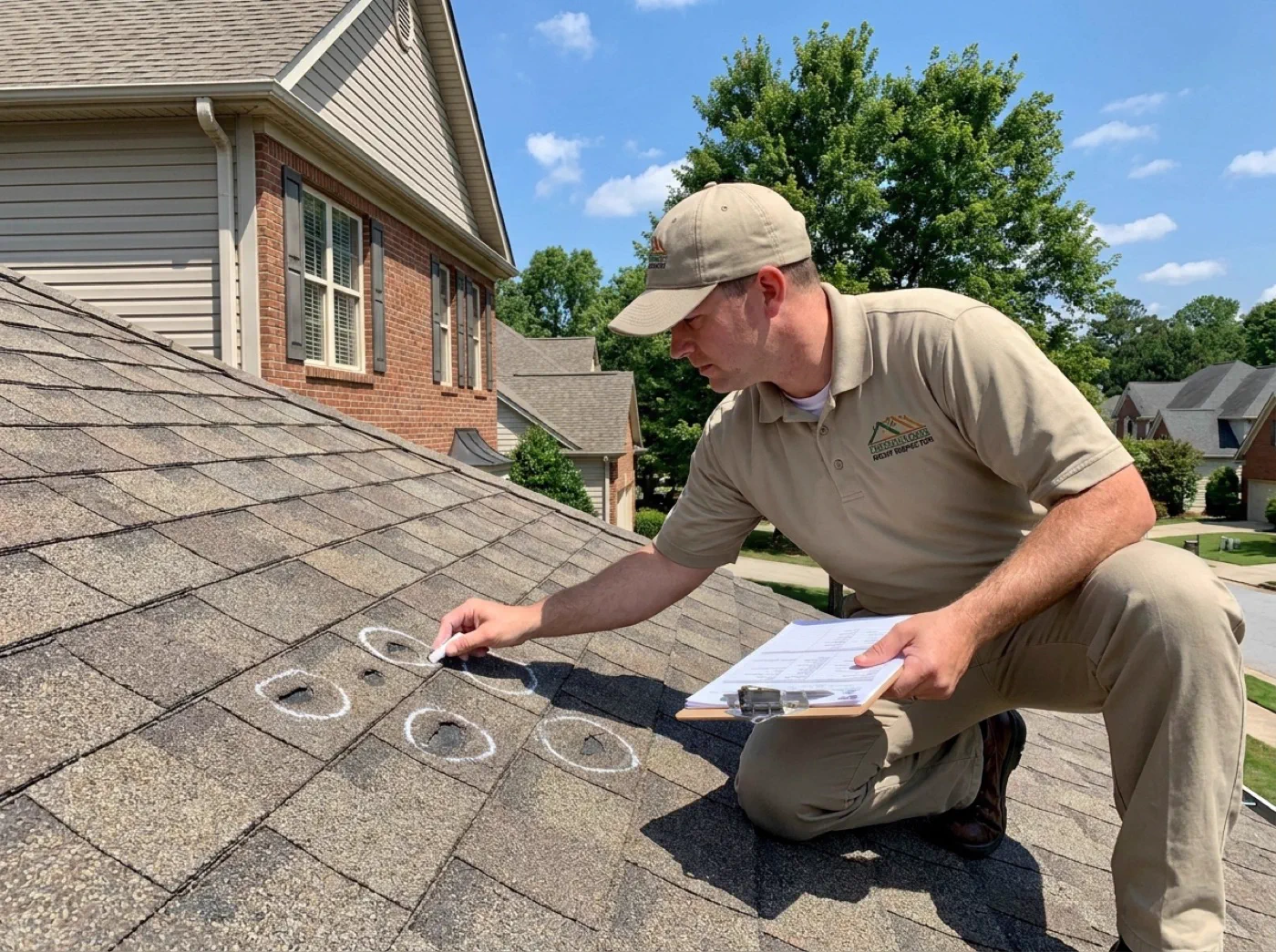 HAAG certified inspector examining and marking hail damage on a residential roof
