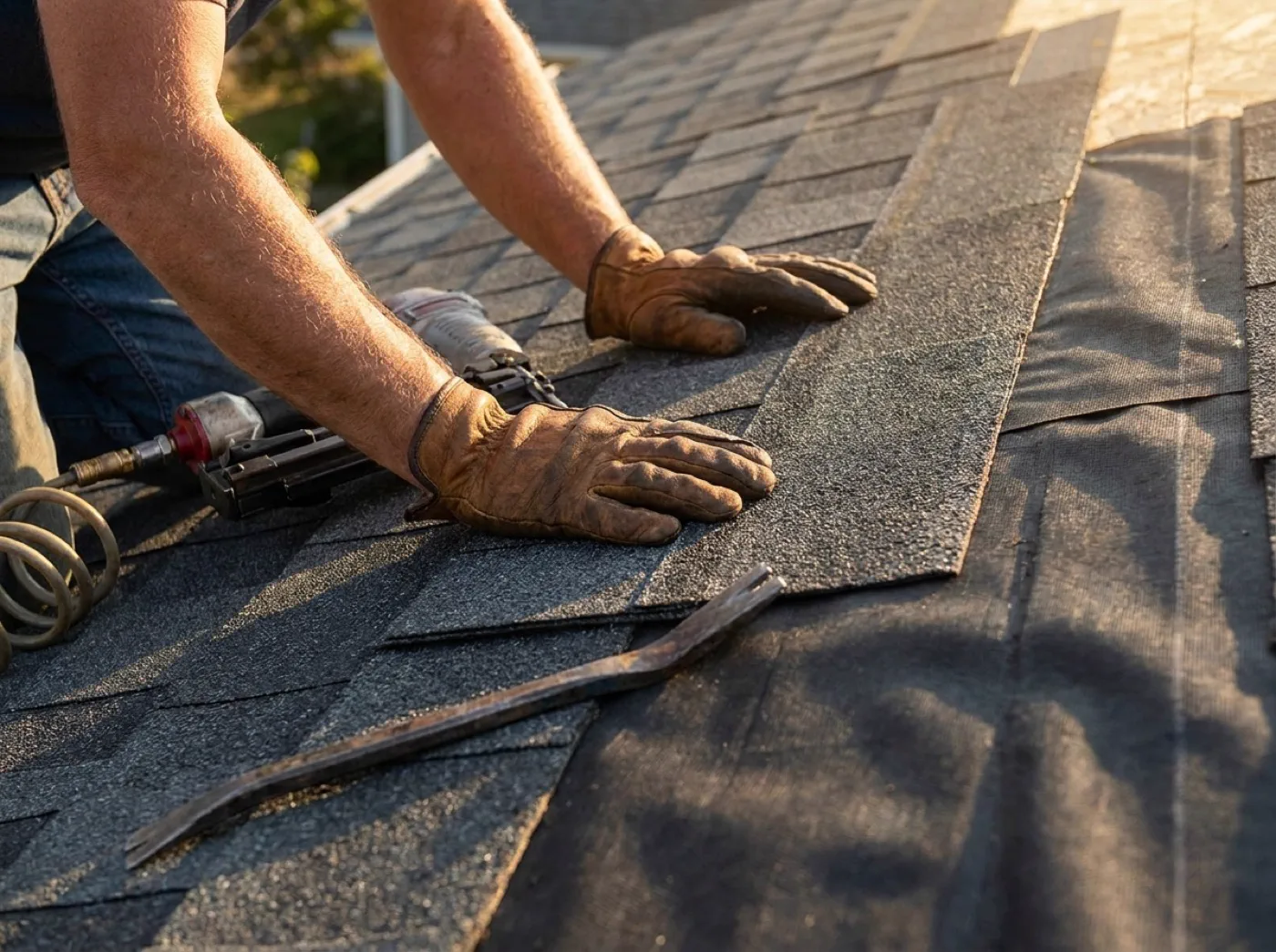 Close-up of a roofer replacing damaged asphalt shingles during a roof repair